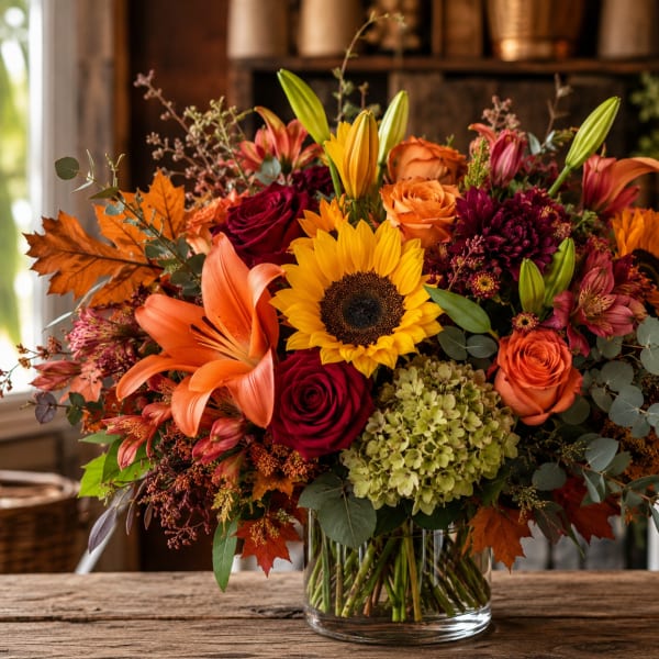 Autumn bouquet with sunflowers, roses, lilies, and hydrangea in a glass vase