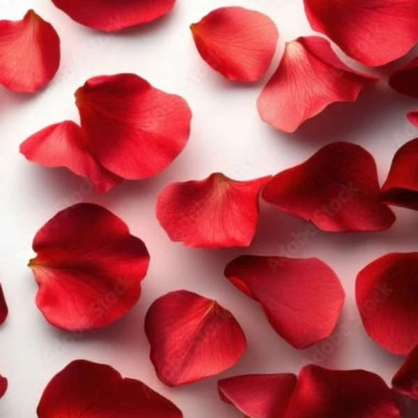 Scattered red rose petals on a white background
