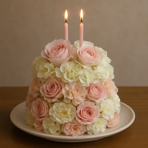 Pink roses and cream carnations arranged as a cake with two lit candles