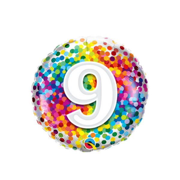 Round foil balloon with a large number 9 and multicolored confetti dots