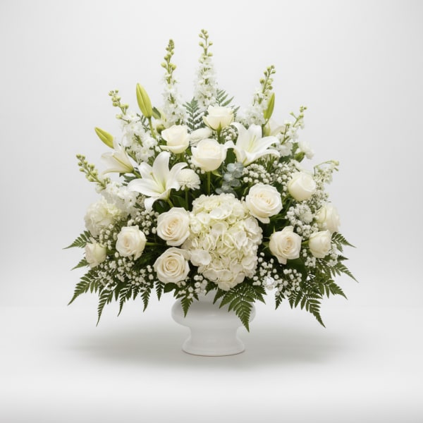 White floral arrangement in a white pedestal vase with roses and lilies