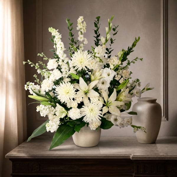 White floral arrangement in a ceramic vase with tall blooms and lilies