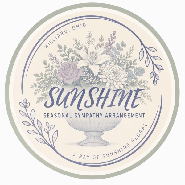 Round sympathy arrangement label with pastel flowers in a vase