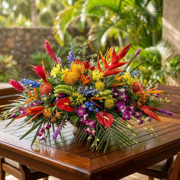 Tropical flower arrangement with red heliconia, orchids, and colorful blooms on a table