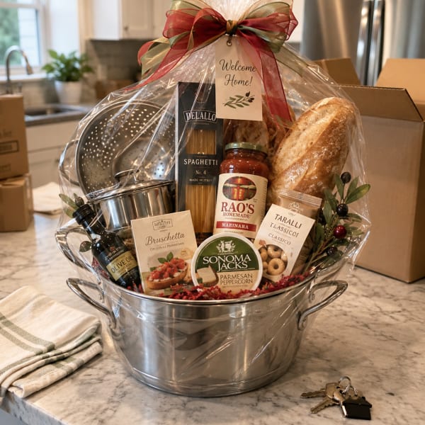 Gift basket with pasta, sauce, bread, and kitchen items in a metal tub