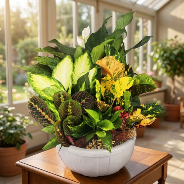 Mixed potted houseplants in a white bowl planter on a table