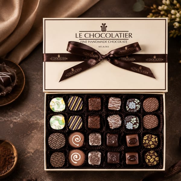 Box of assorted chocolates tied with a brown ribbon