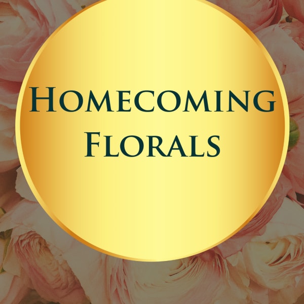 Pink ranunculus flowers behind a gold circle reading Homecoming Florals