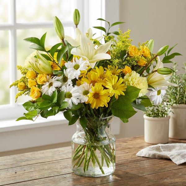 Yellow and white mixed bouquet in a clear glass vase