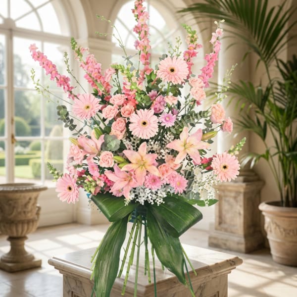 Tall pink mixed flower arrangement with lilies and daisies