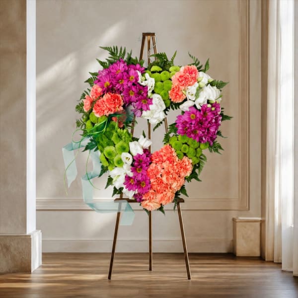 Heart-shaped floral wreath on an easel with pink, coral, white, and green blooms