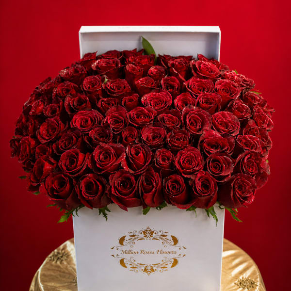 Box of red roses in a white gift box