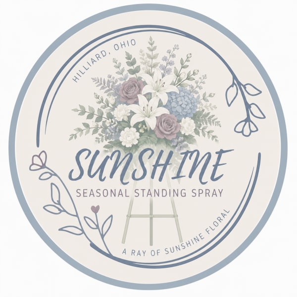 Circular sign with a floral standing spray illustration and the word Sunshine