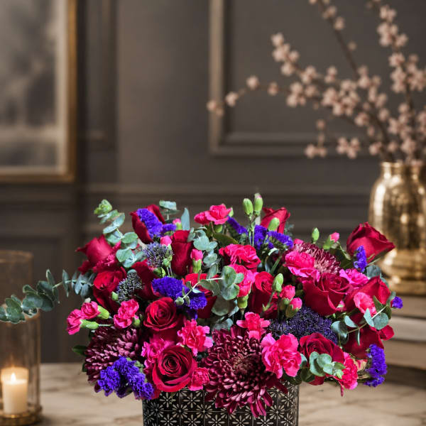 Bright pink and red flower arrangement in a patterned black box