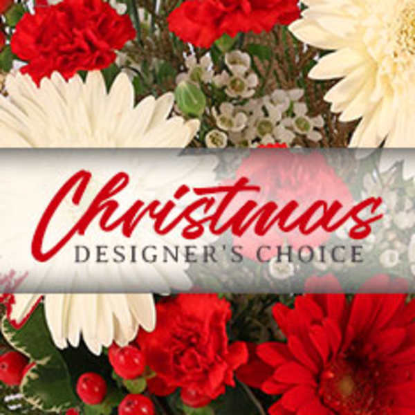 Red and white flowers with a Christmas designer's choice label