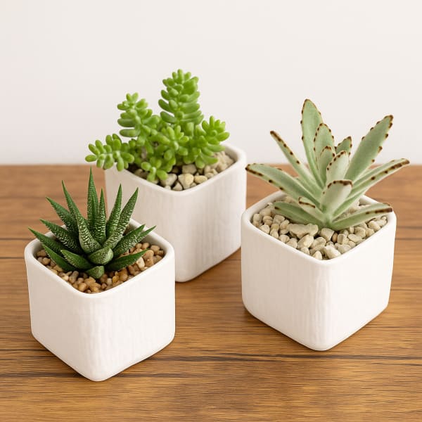 Three small potted succulents in white square planters