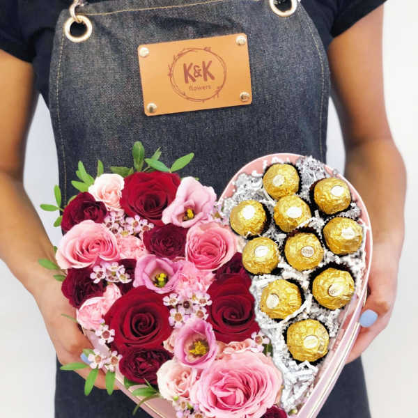 Flowers & Ferrero Heart Box Pink And Red