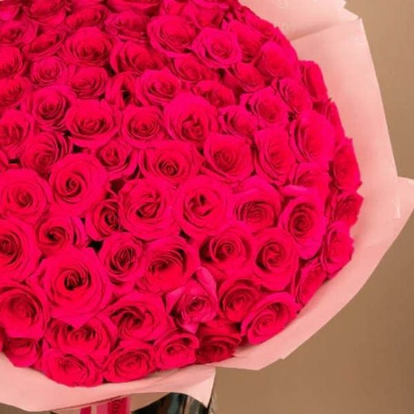 Large bouquet of bright pink roses wrapped in pale paper