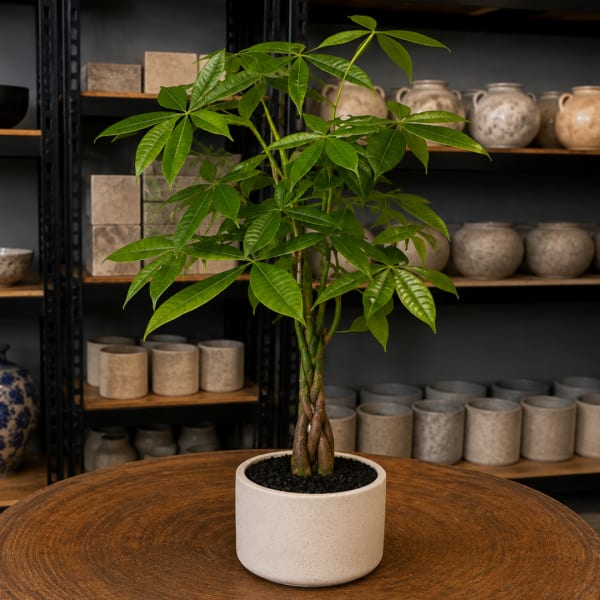 Potted money tree plant in a white ceramic pot on a wooden table
