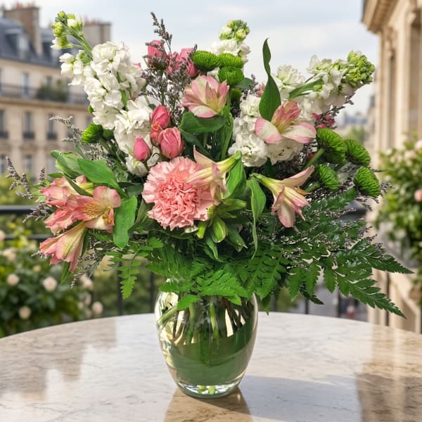 Pink and white mixed bouquet in a clear glass vase