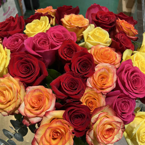 Bouquet of red, pink, yellow, and orange roses