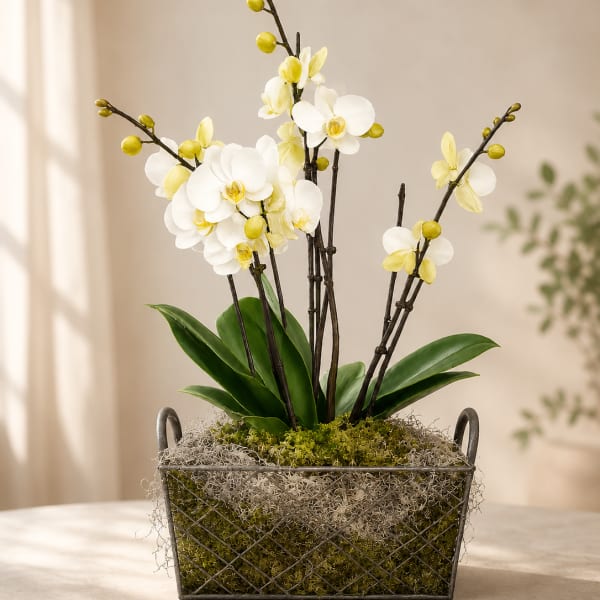 White and pale yellow orchids in a metal basket planter
