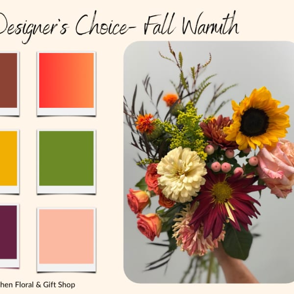 Mixed bouquet with a sunflower, roses, and mums in warm fall colors