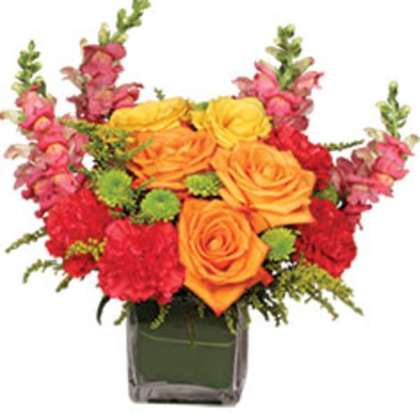 Orange and red flower arrangement in a square glass vase