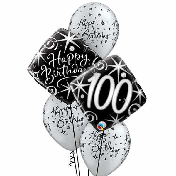 Cluster of birthday balloons with a "100" balloon and "Happy Birthday" balloons
