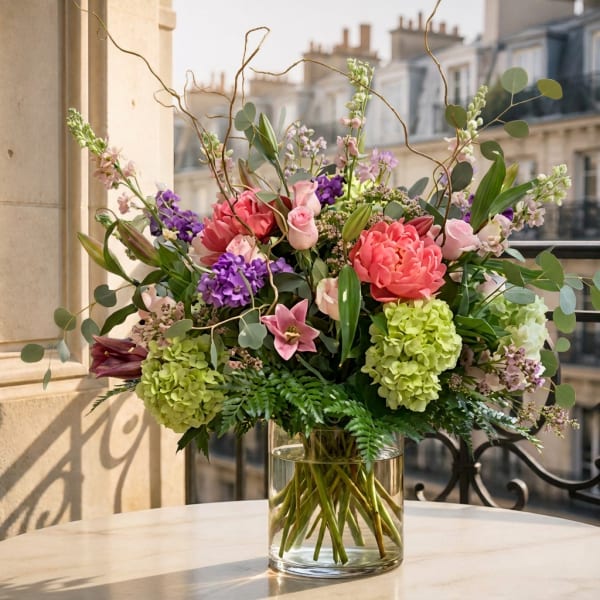 Mixed pink and purple flower arrangement in a clear glass vase