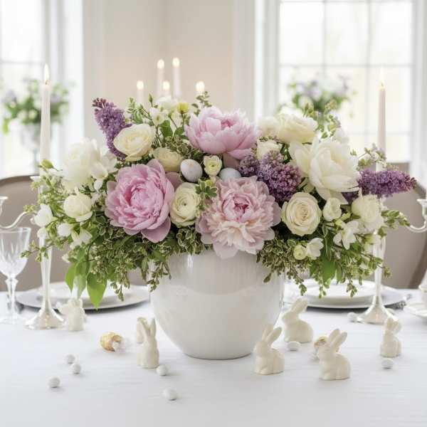 Pink and white floral centerpiece in a white vase