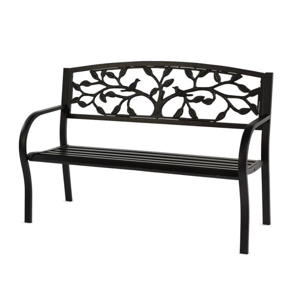 Black metal bench with a decorative tree-and-bird backrest