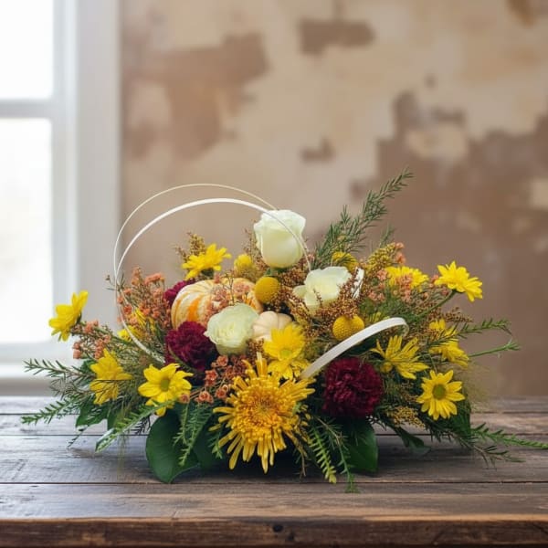 Low basket arrangement with yellow and white flowers and a small pumpkin