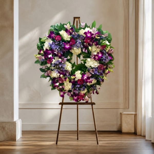 Heart-shaped floral wreath on a stand with purple, white, and pink flowers