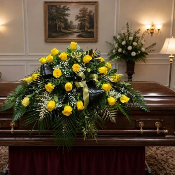Yellow rose casket spray with greenery and ribbon on a coffin