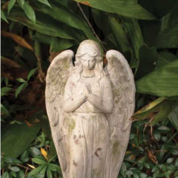 Stone angel statue standing among garden plants