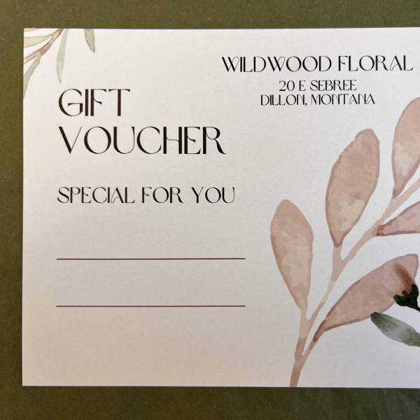 Gift voucher card from Wildwood Floral with botanical artwork