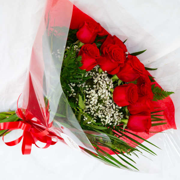 Bouquet of red roses wrapped in clear plastic with a red ribbon