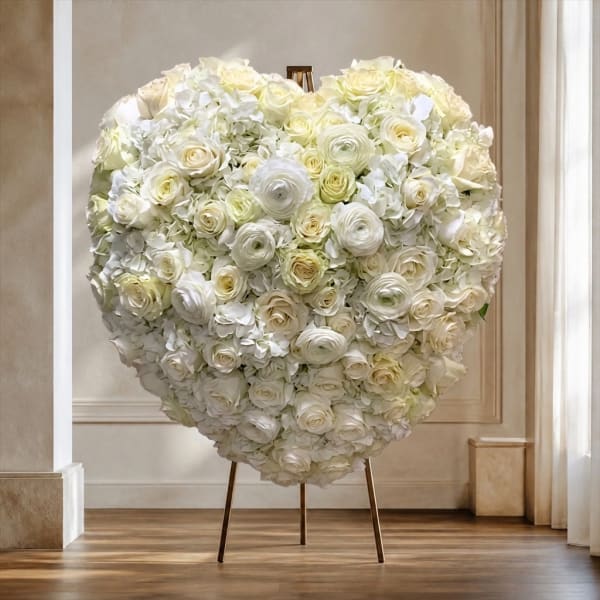 Heart-shaped white floral arrangement on a stand