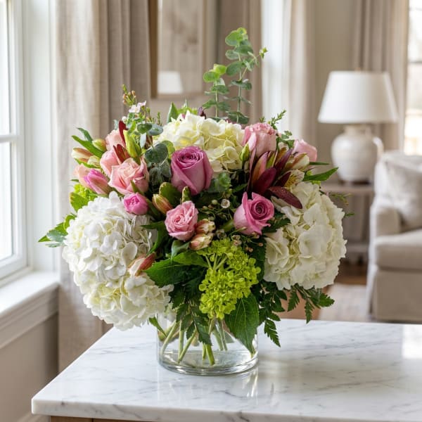 Pink roses and white hydrangeas in a clear glass vase