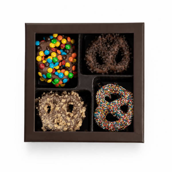 Box of chocolate-covered pretzels with assorted toppings