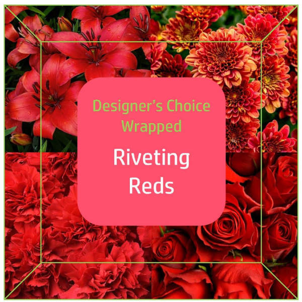 Red roses, lilies, carnations, and mums arranged in a square graphic
