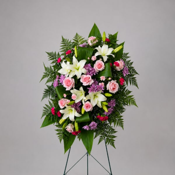 Standing floral spray with pink roses, white lilies, and purple flowers