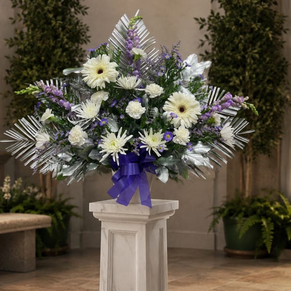 TB22 - Purple. White and Silver Traditional Sympathy Basket