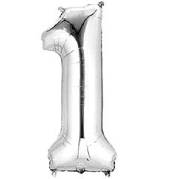 Silver foil balloon shaped like the number 1