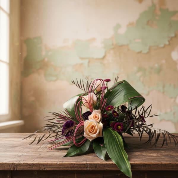 Low arrangement of peach roses and dark purple blooms framed by large green leaves on a rustic wooden table