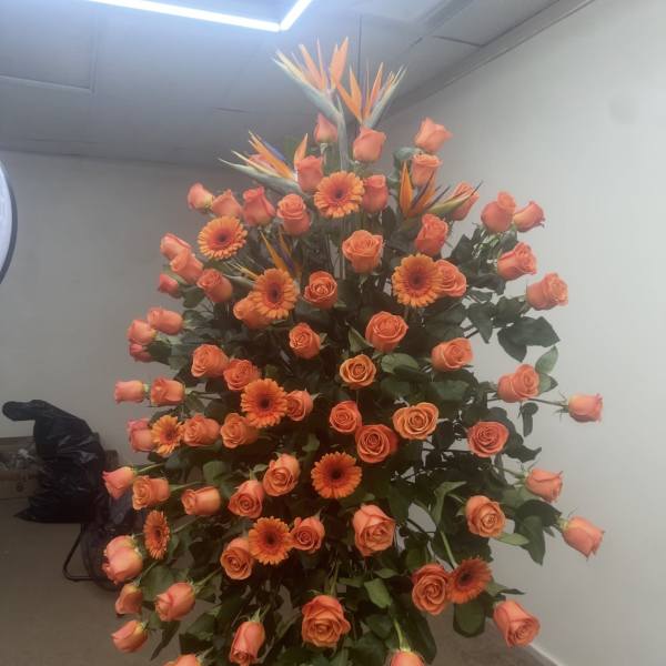 Tall orange rose and gerbera daisy arrangement with bird of paradise flowers
