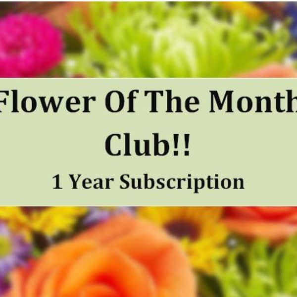 Flower of the Month Club subscription card over a blurred floral background