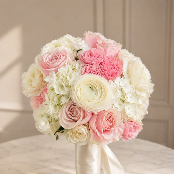 Pink and white bridal bouquet with roses, hydrangeas, and ranunculus tied with satin ribbon