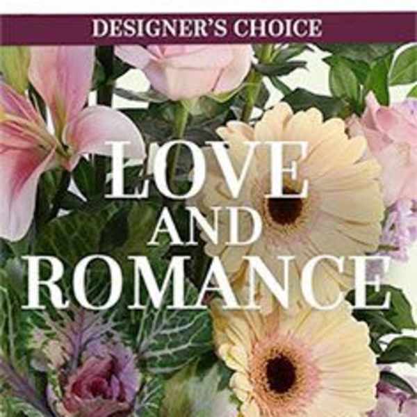 Romantic mix of soft pink lilies, roses, and gerbera daisies behind Love and Romance text.